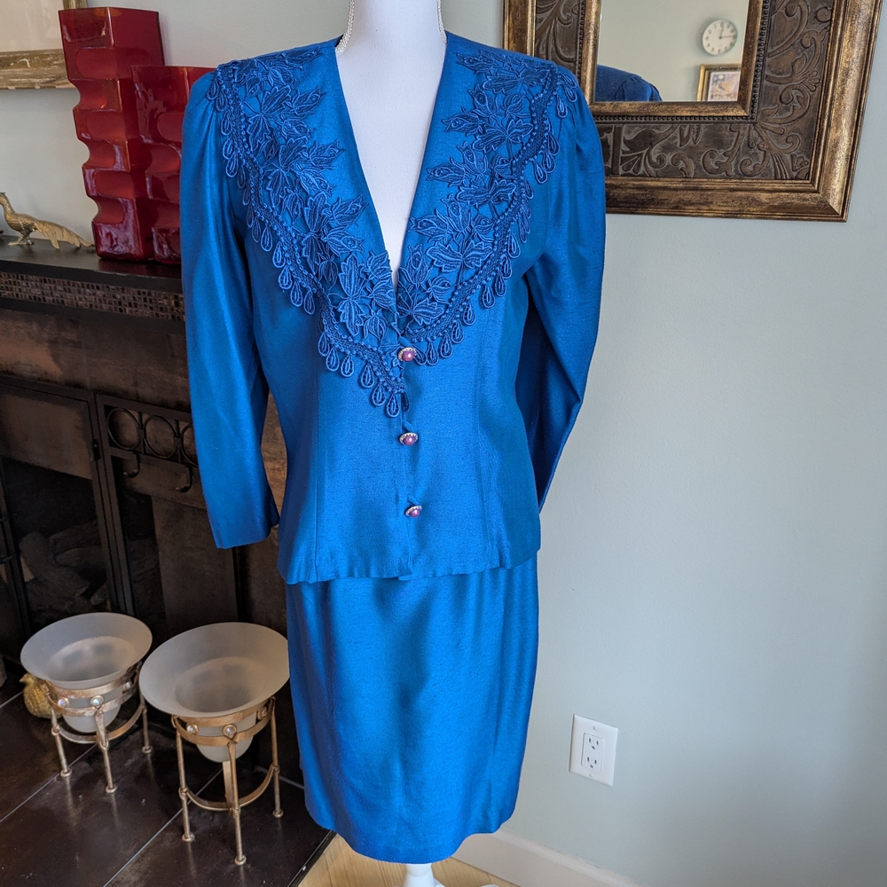 Vintage 80s/90s Blue Lace Detail 2 Piece Set Jacket & Skirt Women's Medium/Large